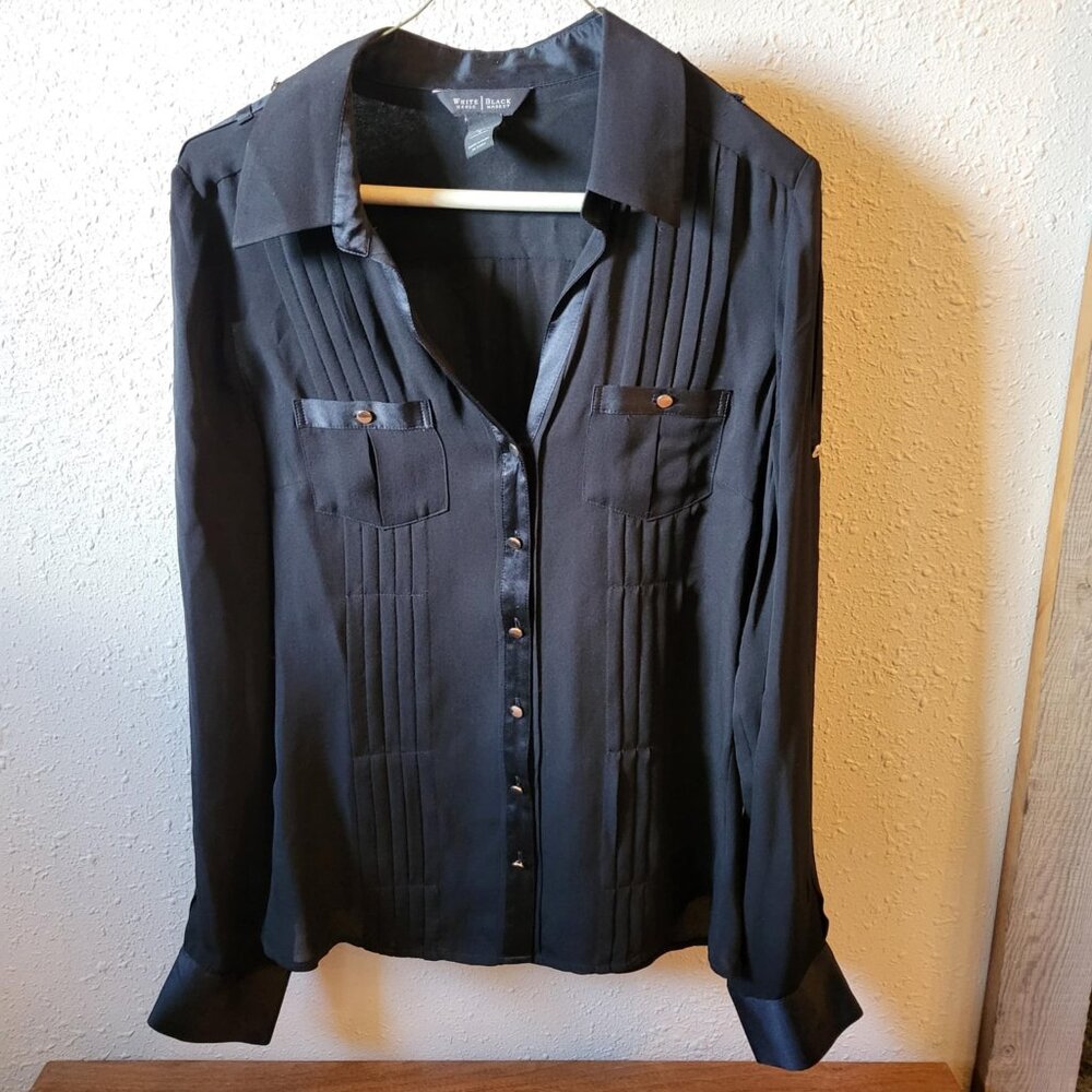 White House Black Market women's black, silk, button down, blouse, size small